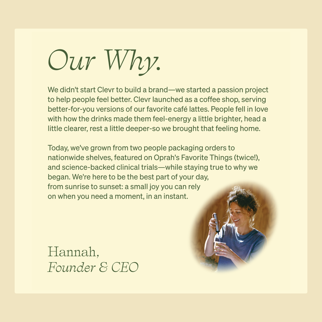 A beige document-style page with the heading 'Our Why.' and several paragraphs of text, plus a small photo of a smiling woman holding a phone in the lower right.