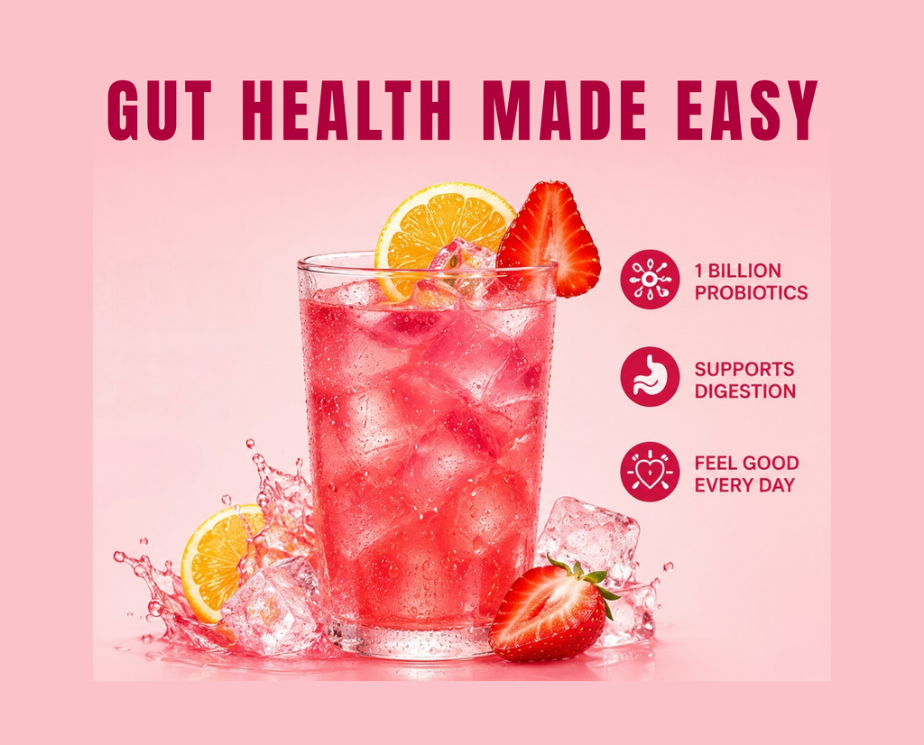 A pink promotional graphic with the headline 'GUT HEALTH MADE EASY' above a glass of pink iced drink with orange slices and strawberries, plus three benefit callouts about probiotics, digestion, and feeling good every day.