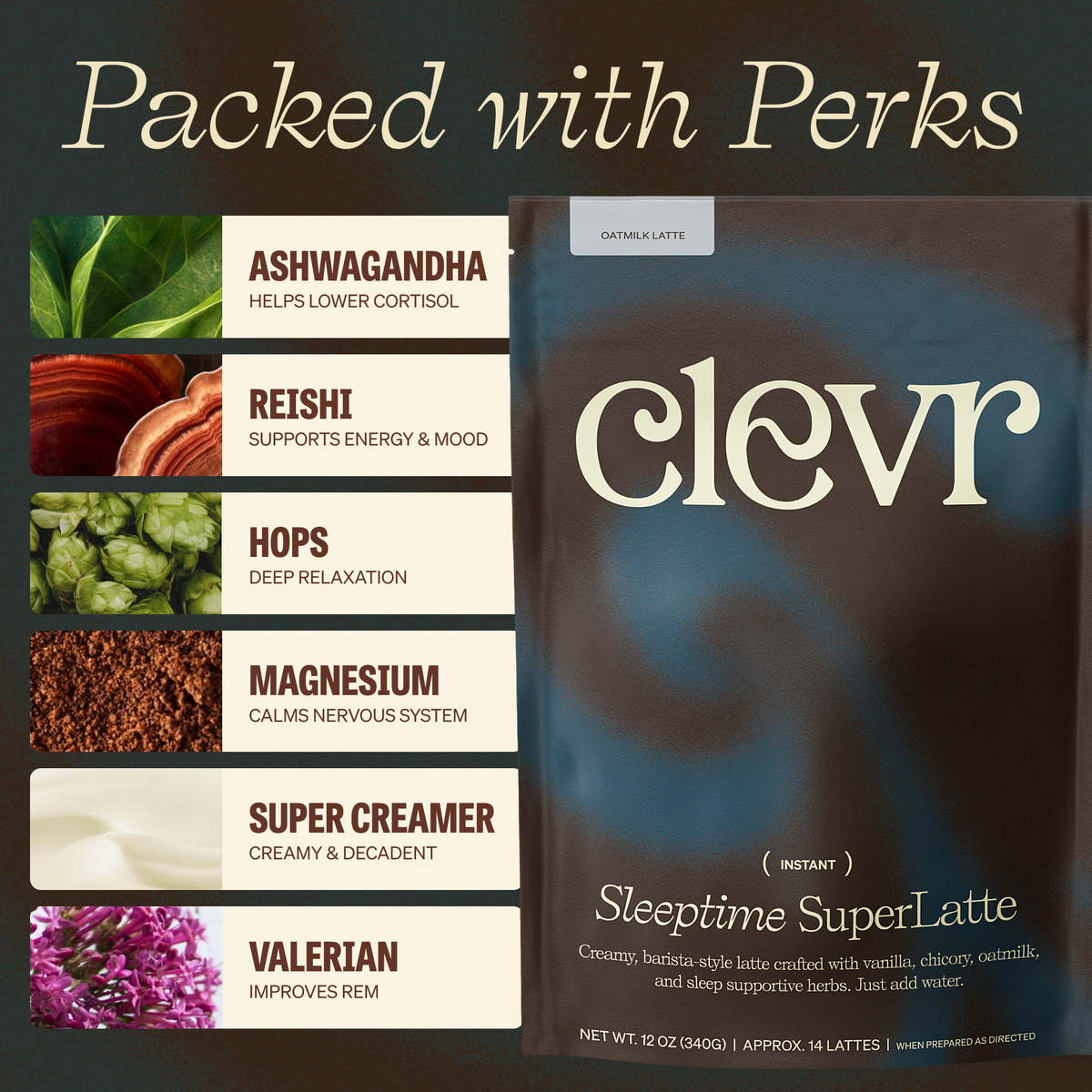 Clevr Sleeptime SuperLatte packaging with ingredients listed on a dark background
