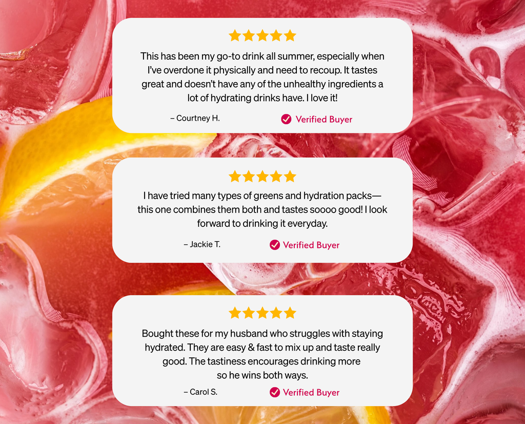 Three white review cards with star ratings and verified buyer badges overlaid on a pink and orange marbled background.