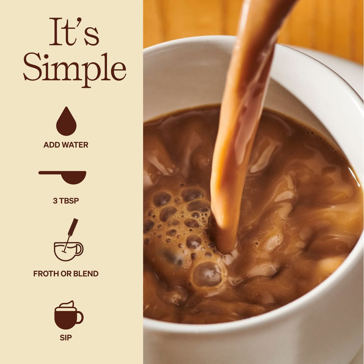 It's simple. Add water. 3 TBSP. Frother or blend. Sip.