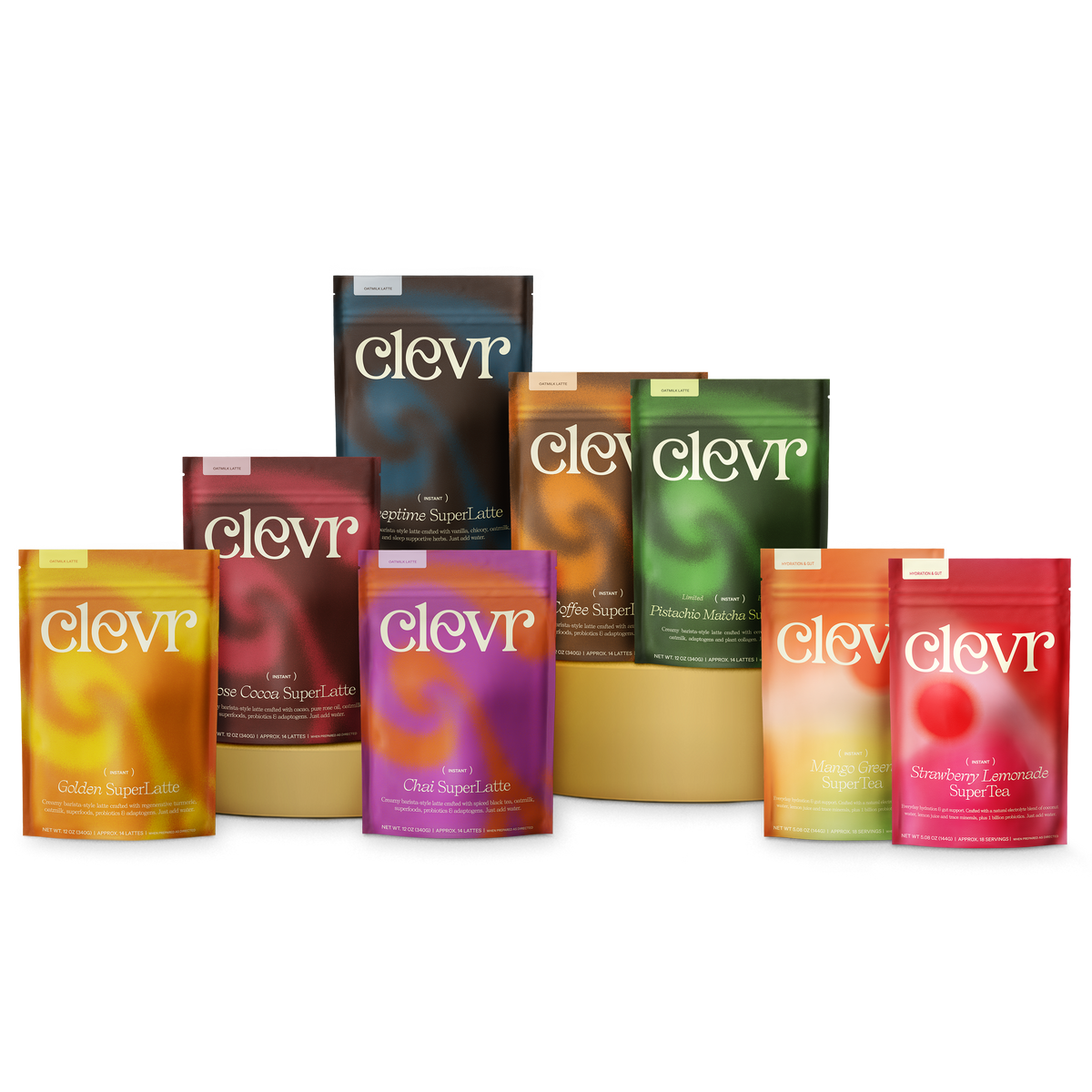 Assorted Clevr SuperLattes and SuperTeas