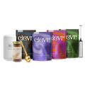 Four Clevr SuperLatte bags, a thermos, a frother, latte dust, and a golden scoop.