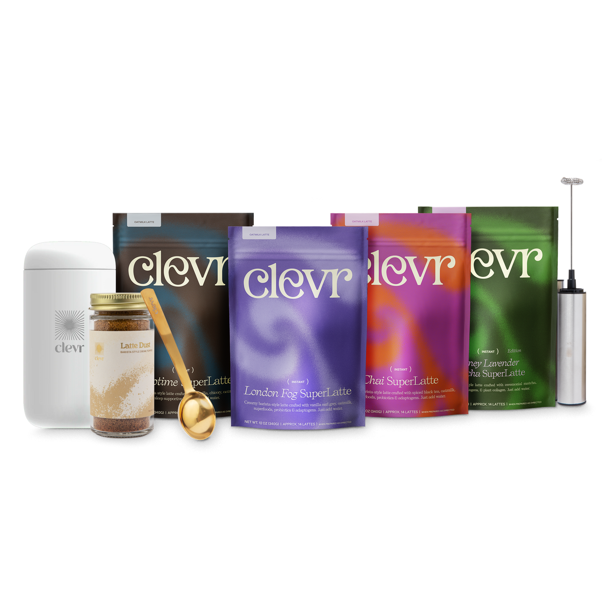 Four Clevr SuperLatte bags, a thermos, a frother, latte dust, and a golden scoop.