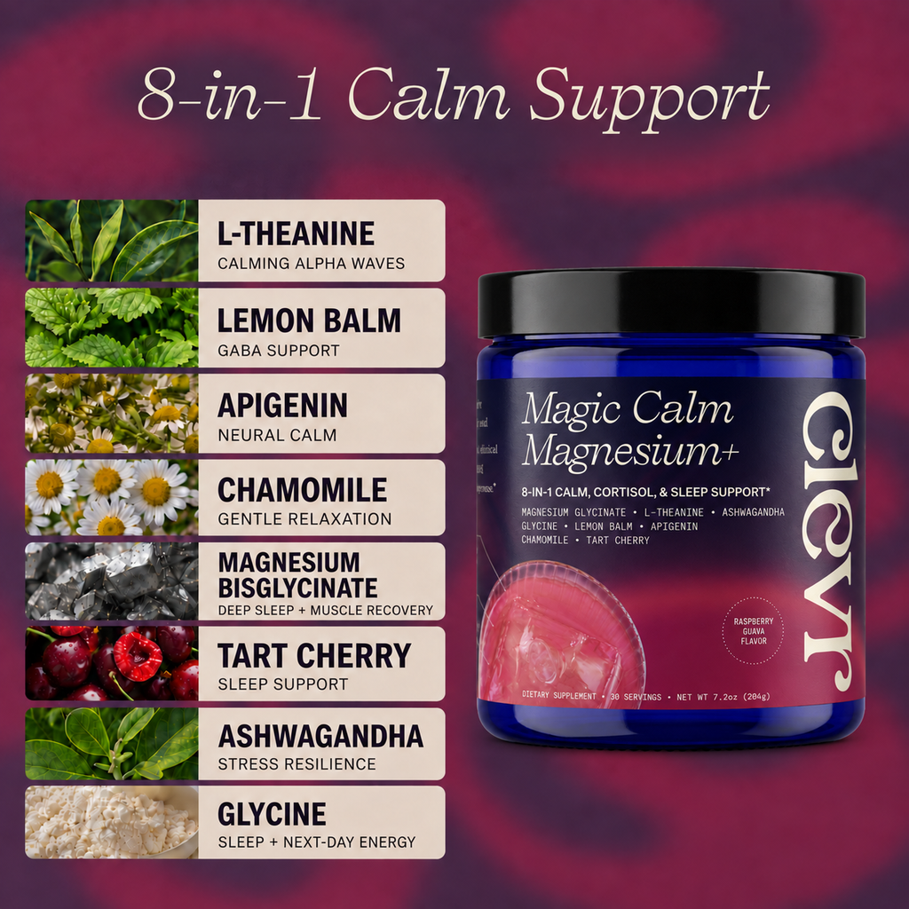 A jar of Magic Calm Magnesium+ shown next to a vertical list of eight ingredient benefits on a dark purple gradient background. The ingredients listed are L-Theanine, Lemon Balm, Apigenin, Chamomile, Magnesium Bisglycinate, Tart Cherry, Ashwagandha, and Glycine.