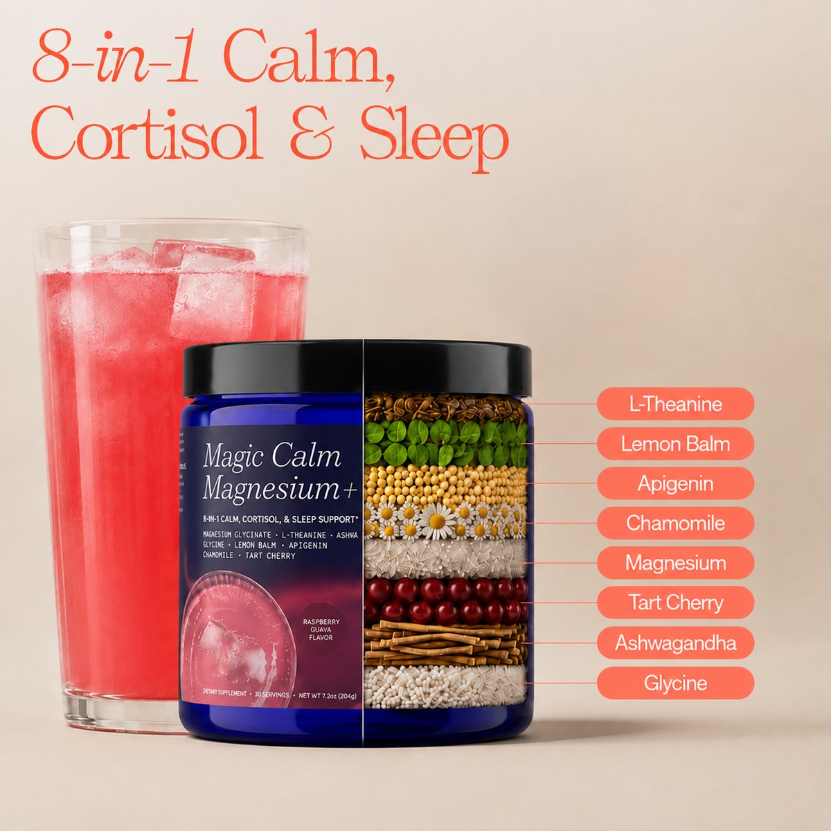 A jar of Magic Calm Magnesium+ supplement shown next to a glass of pink drink on a beige background, with  text reading '8-in-1 Calm, Cortisol & Sleep' and ingredient callouts: L-Theanine, Lemon Balm, Apigenin, Chamomile, Magnesium, Tart Cherry, Ashwagandha, & Glycine.