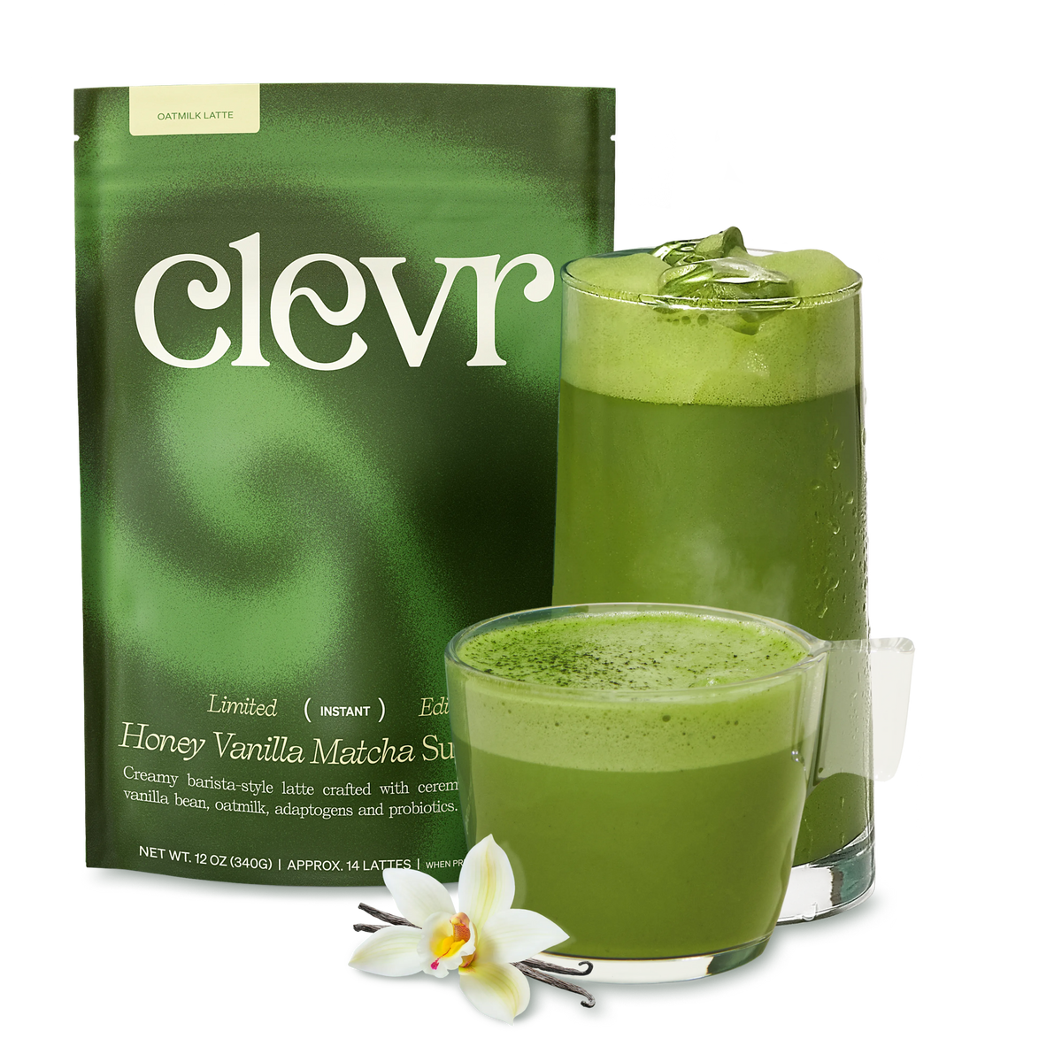 Clevr Honey Vanilla Matcha bag with glasses of matcha