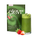 Clevr iced strawberry matcha superfood package with a glass of matcha and strawberries