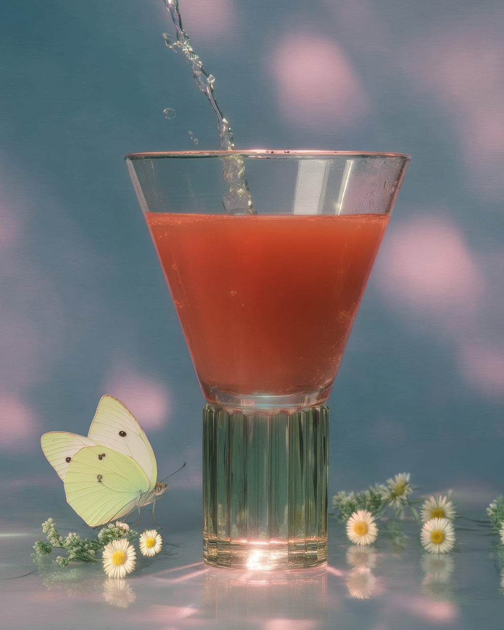 Deep Calm Magnesium being poured into a glass with a butterfly and flowers on a reflective surface