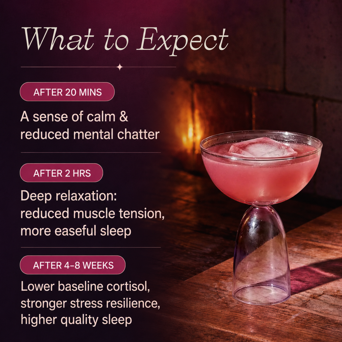 What To Expect. After 20 Minutes: A sense of calm & reduced mental chatter. After 2 Hours: Deep relaxation: reduced muscle tension, more easeful sleep. After 4-8 Weeks: Lower baseline cortisol, stronger stress resilience, higher sleep quality.