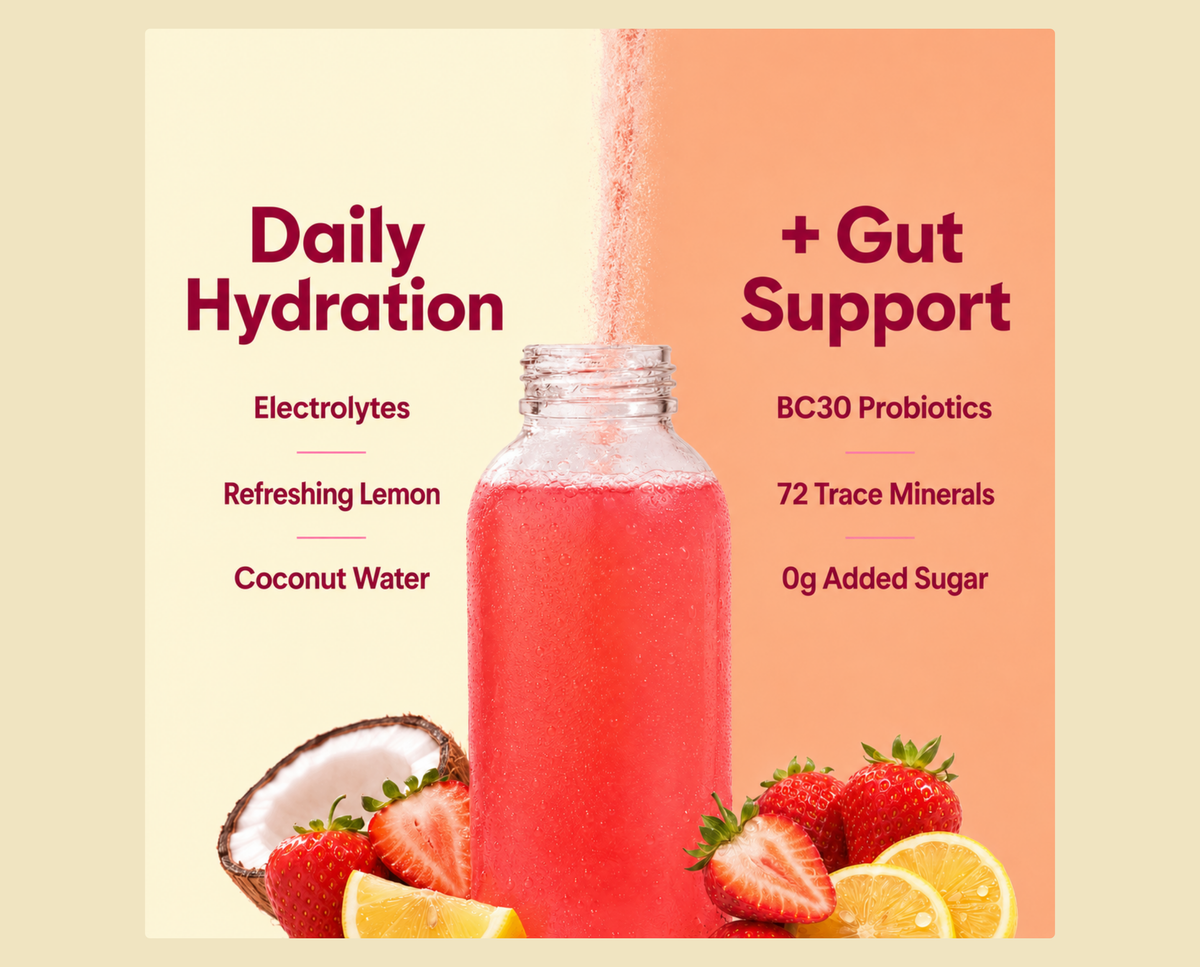 A promotional graphic for a pink beverage bottle with text reading 'Daily Hydration' and '+ Gut Support,' showing electrolytes, lemon, coconut water, BC30 probiotics, trace minerals, and 0g added sugar. The bottle is centered on a cream and peach background with strawberries, lemon slices, and a coconut at the bottom.