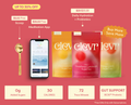 Promotional graphic for Clever Levr tea showing three tea pouches (Yellow Lemonade, Strawberry Lemonade, and Mango Green) alongside a gold spoon, a smartphone displaying the meditation app, and feature callouts on a coral pink background.