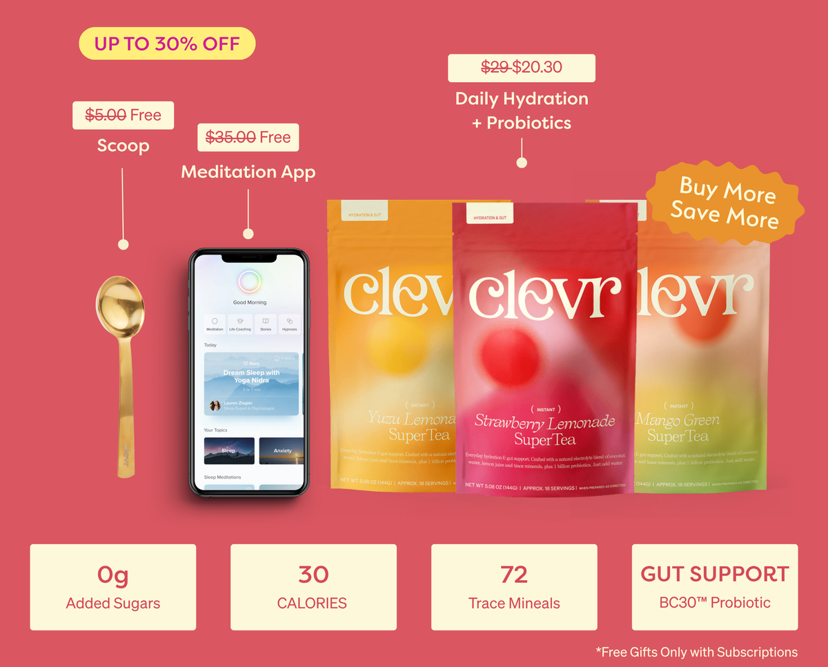 Promotional graphic for Clever Levr tea showing three tea pouches (Yellow Lemonade, Strawberry Lemonade, and Mango Green) alongside a gold spoon, a smartphone displaying the meditation app, and feature callouts on a coral pink background.
