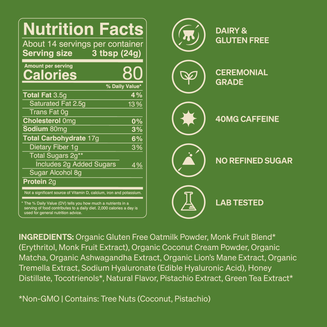 Dairy & Gluten Free. Ceremonial Grade. 40mg Caffeine. No Refined Sugar. Lab Tested.