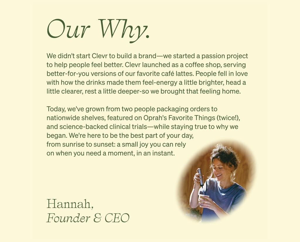 A text-heavy 'Our Why' page with paragraphs of black serif text on a pale cream background, plus a small oval portrait of a woman in the lower right and the name 'Hannah, Founder & CEO' at the bottom.