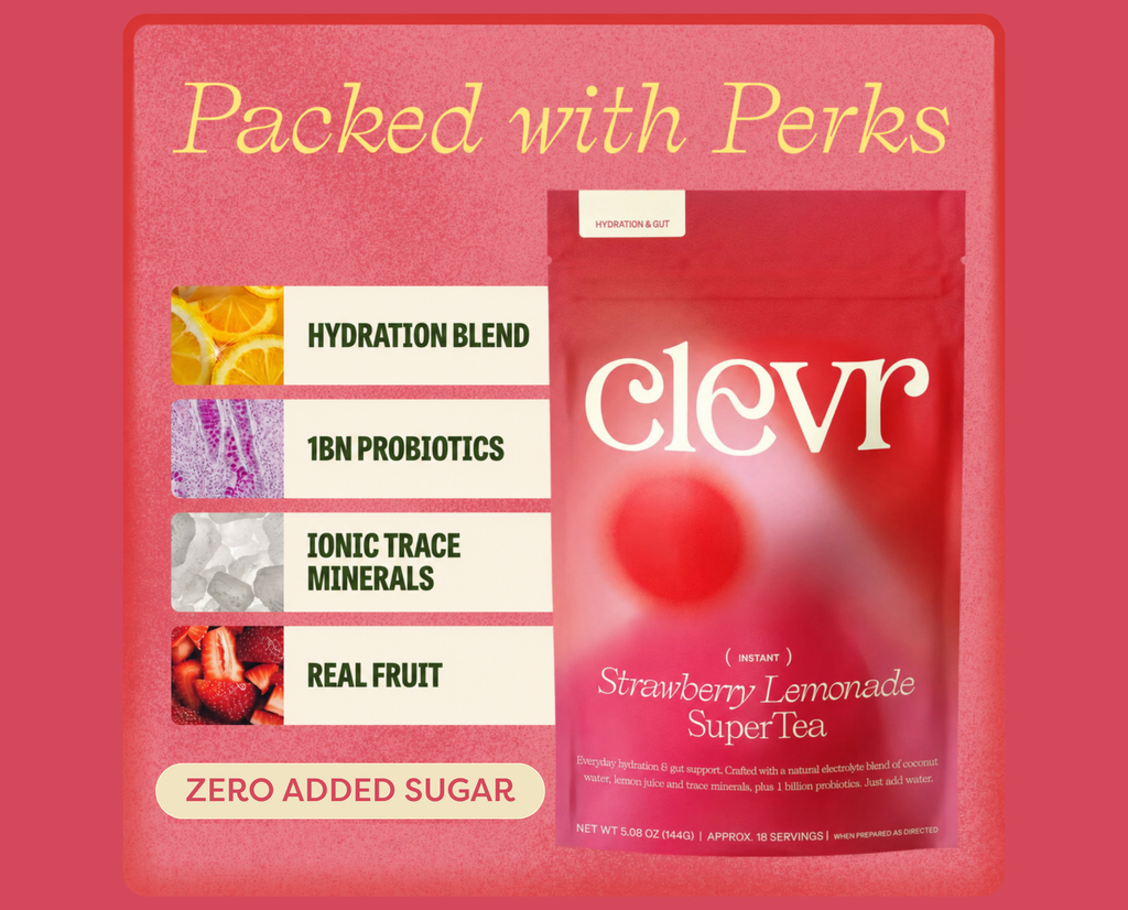 A promotional graphic for Clevr Strawberry Lemonade Super Tea, showing a red stand-up pouch on a pink background with text highlighting hydration blend, 18N probiotics, ionic trace minerals, real fruit, and zero added sugar.