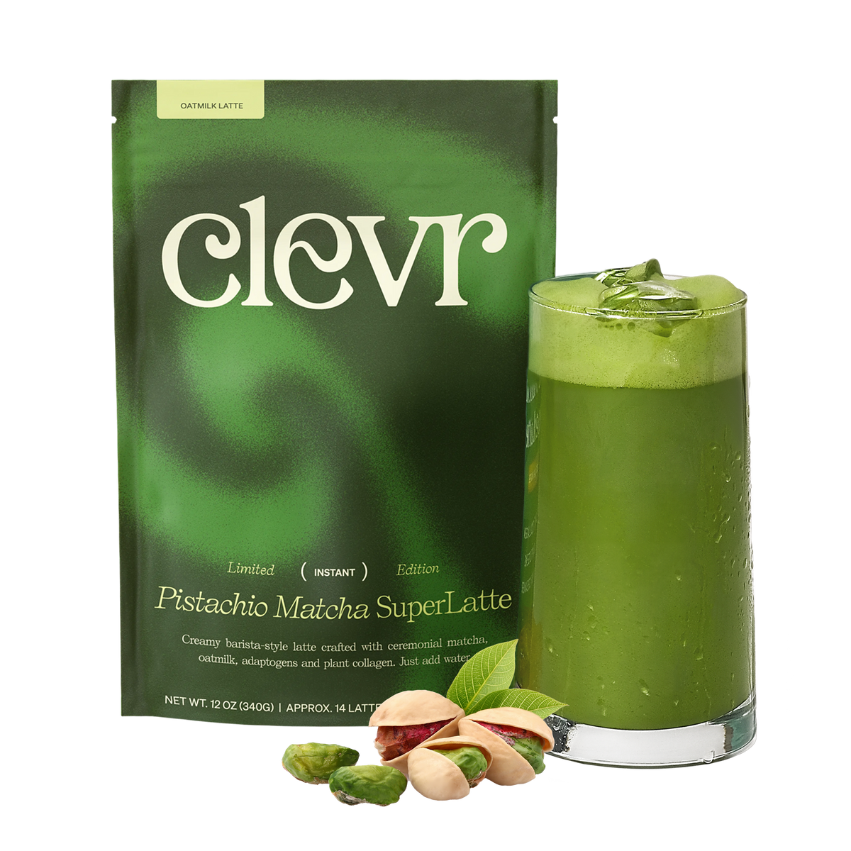 Clevr Pistachio Matcha SuperLatte bag with a glass of matcha and pistachios