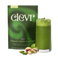 Clevr Pistachio Matcha SuperLatte bag with a glass of matcha and pistachios