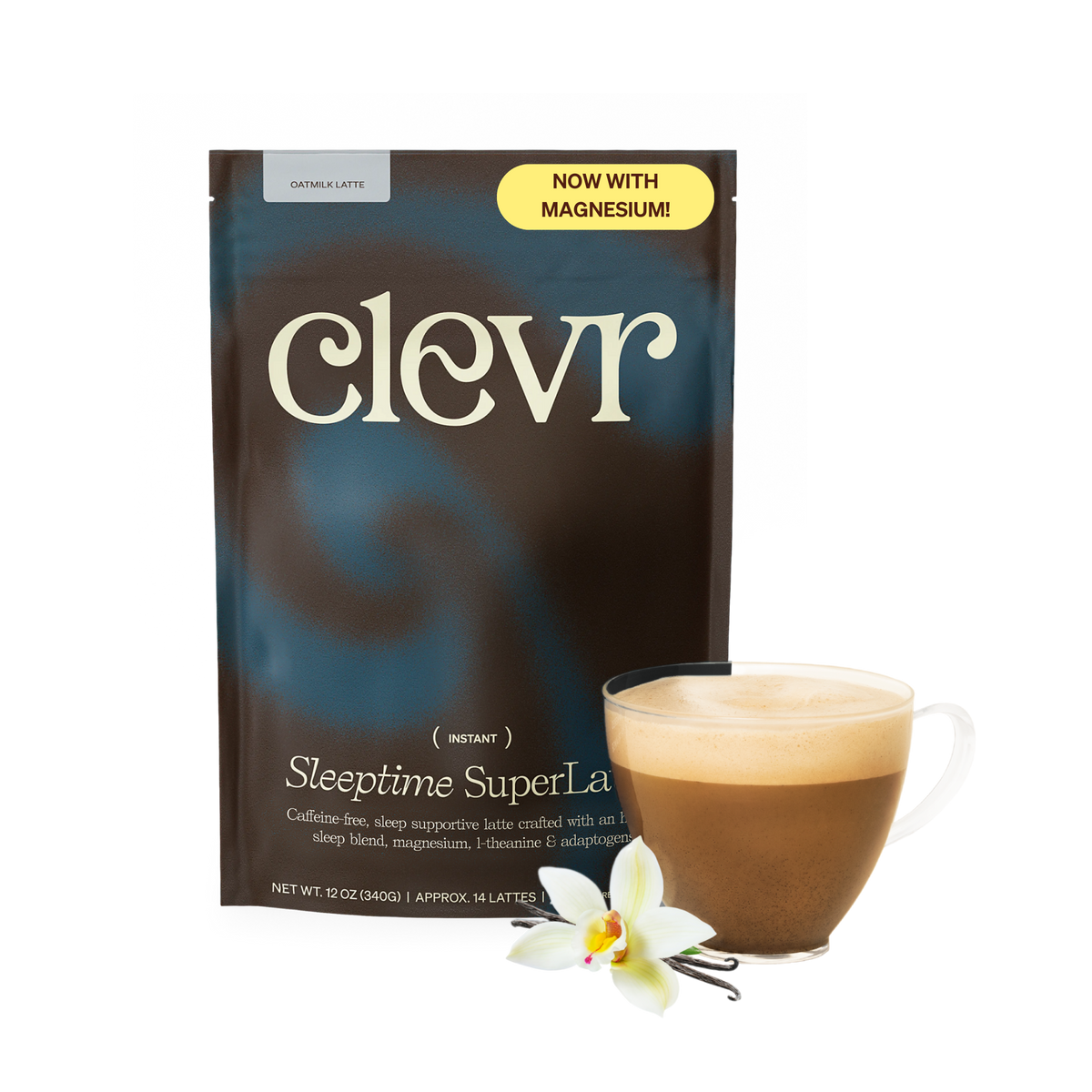Clevr Sleeptime SuperLatte bag with a cup the drink and vanilla flower on a white background