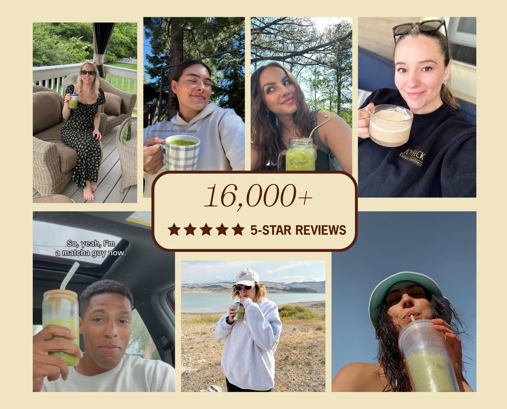 Collage of people enjoying drinks outdoors with a text overlay about 5-star reviews.