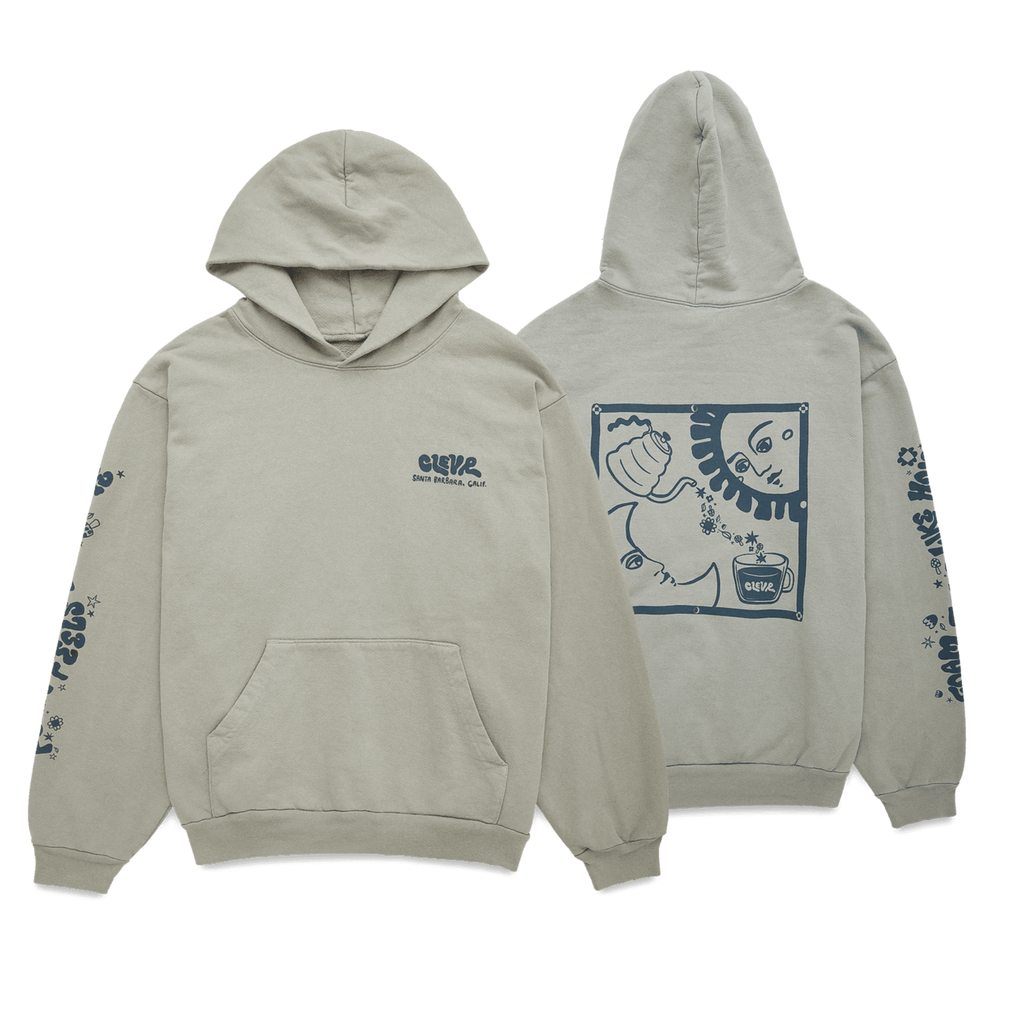 Clevr green/gray hoodie with blue graphics on it
