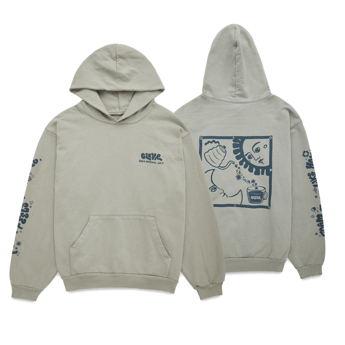 Clevr green/gray hoodie with blue graphics on it