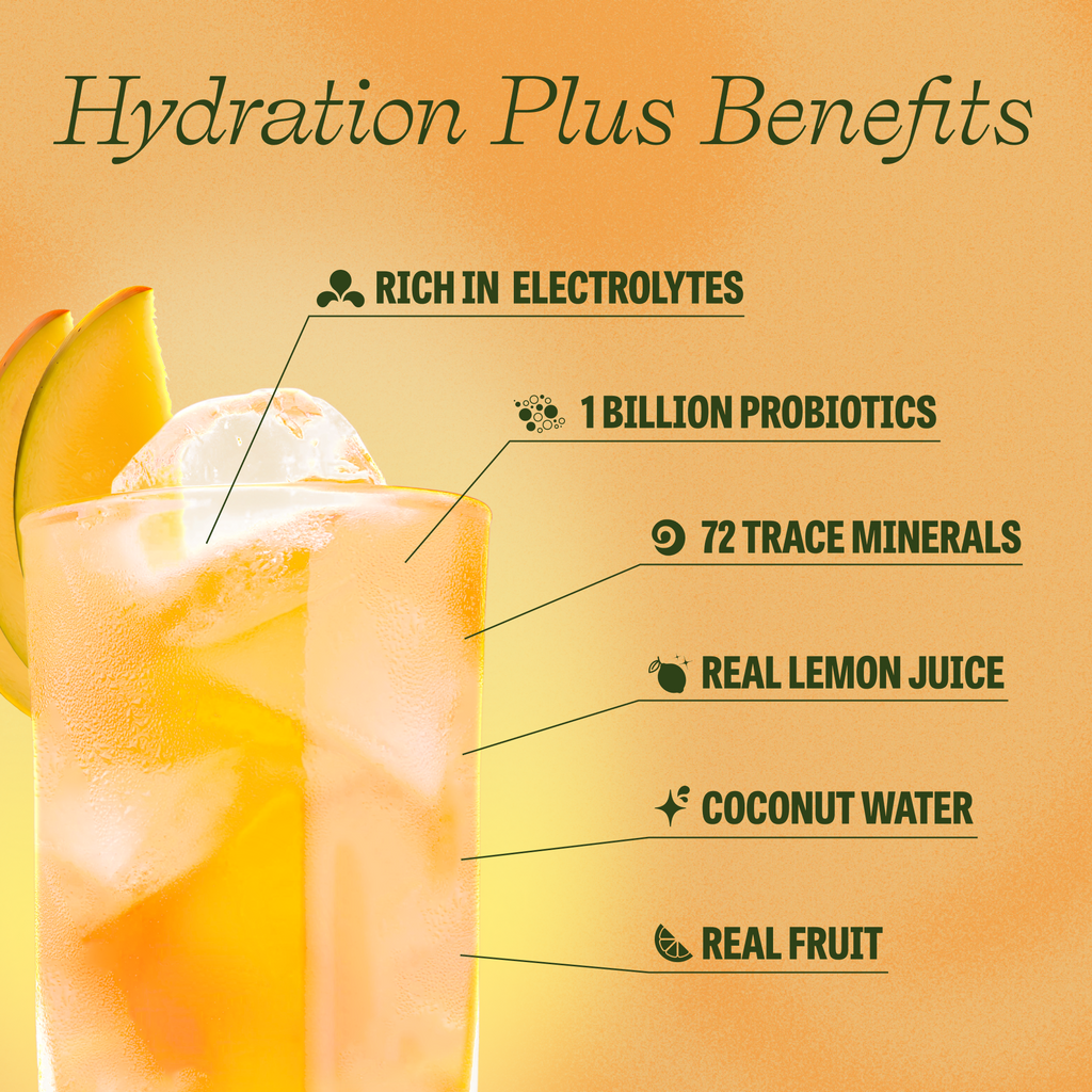 Promotional graphic for Hydration Plus Benefits featuring a tall glass of iced orange-yellow beverage with a lemon slice, overlaid with text callouts listing ingredients and benefits: rich in electrolytes, 1 billion probiotics, 72 trace minerals, real lemon juice, coconut water, and real fruit, on a warm orange gradient background.