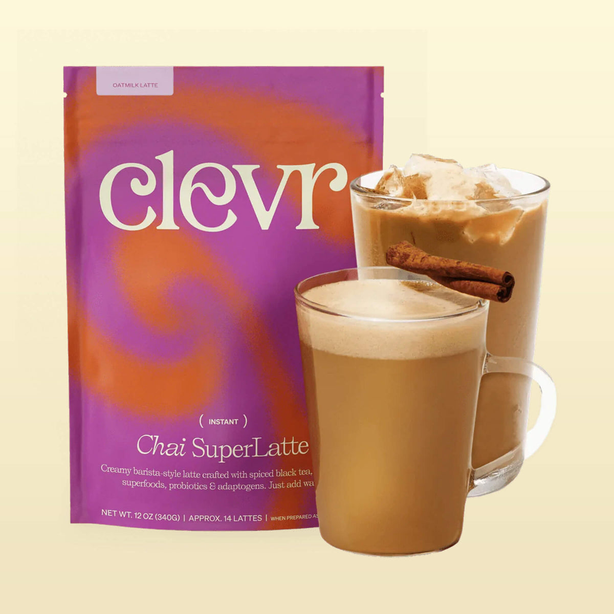 Clevr Chai SuperLatte bag with two glasses of the drink