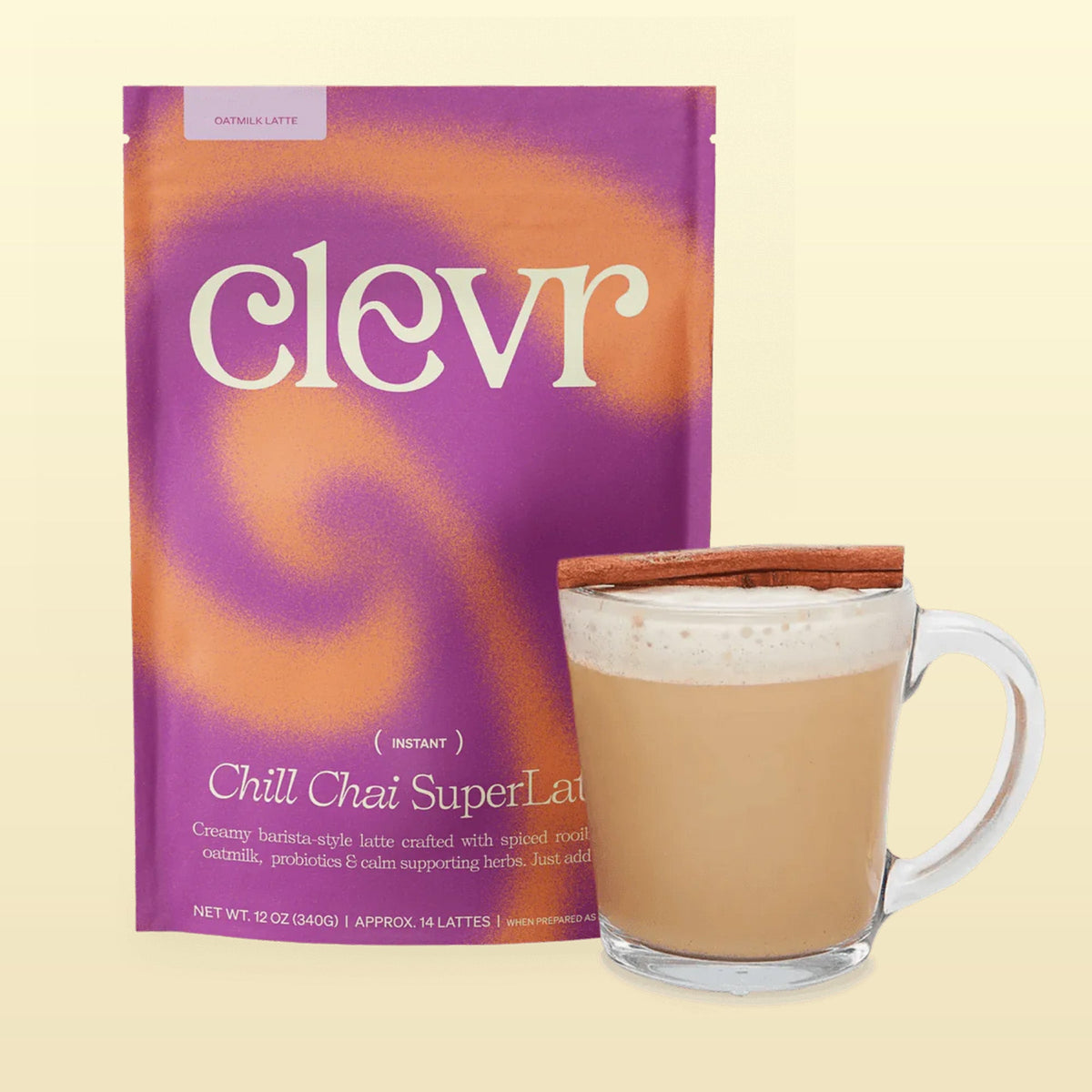 Clevr Chill Chai Superlatte bag with a glass of chai on a beige background