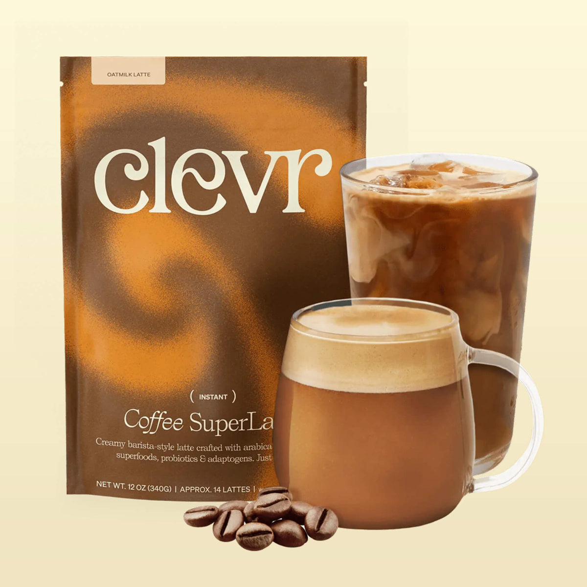 Clevr Coffee SuperLatte bag with two cups of the drink iced and hot and coffee beans