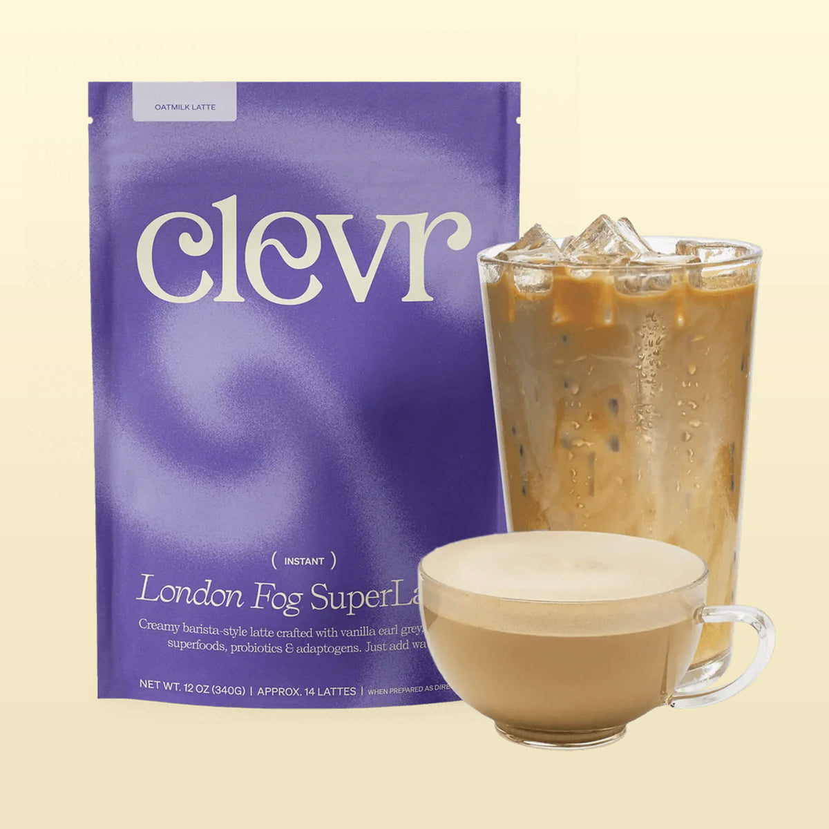 Clevr London Fog SuperLatte bag with a glasses of iced and hot London Fog