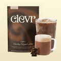 Clevr Mocha SuperLatte bag with two glasses of the drink on a beige background