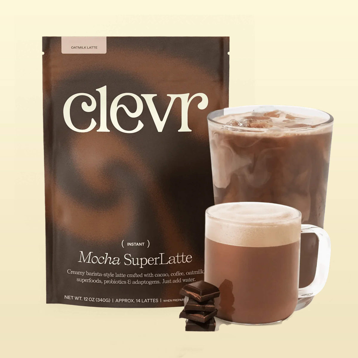 Clevr Mocha SuperLatte bag with two glasses of the drink on a beige background