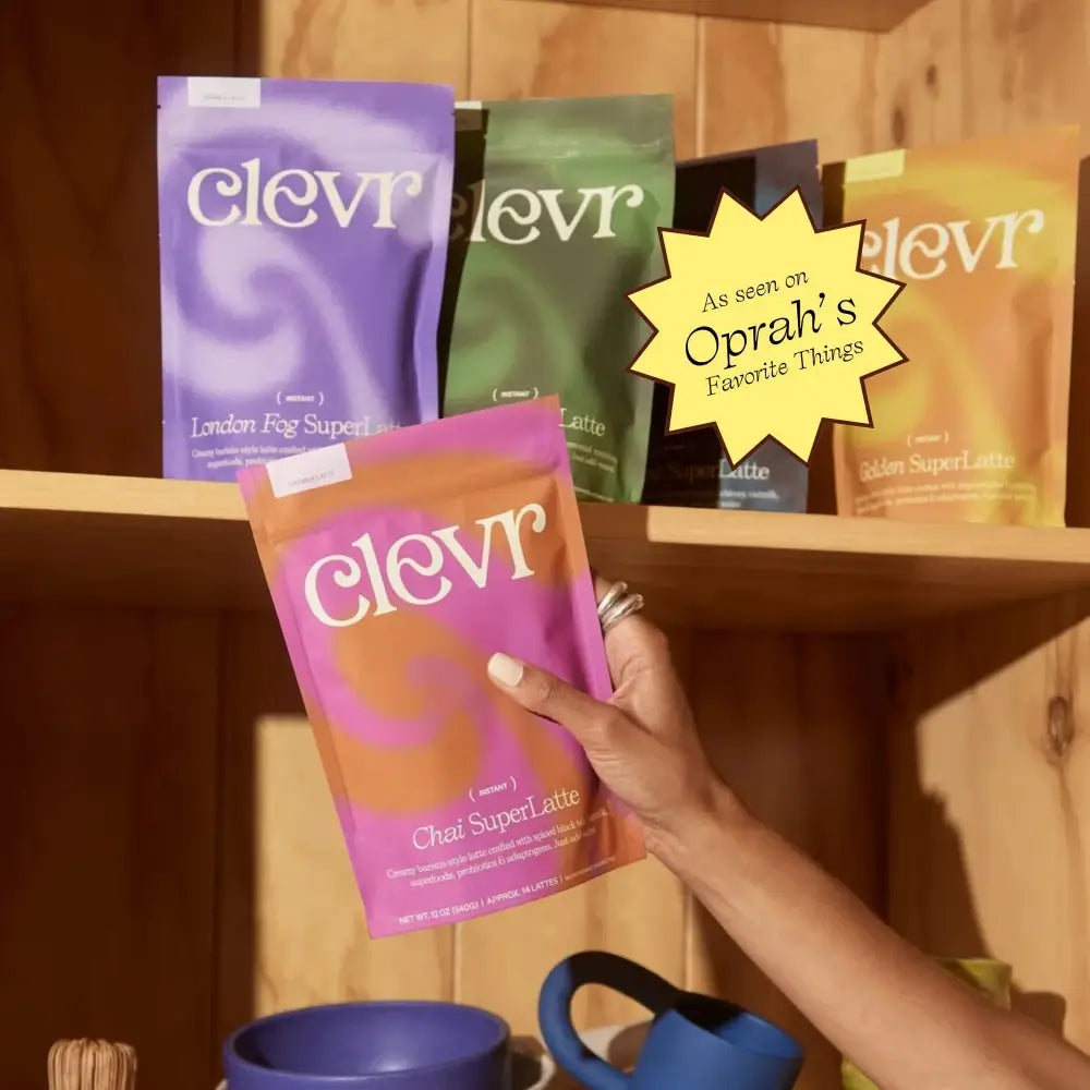 Clevr latte products in colorful packaging